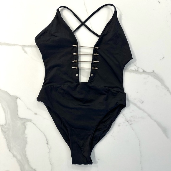 Revolve Blue Life Gold Spear Black One Piece Swim Bathing Suit - Picture 4 of 9